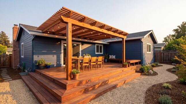backyard wooden pergola with dining table and string lights at sunset