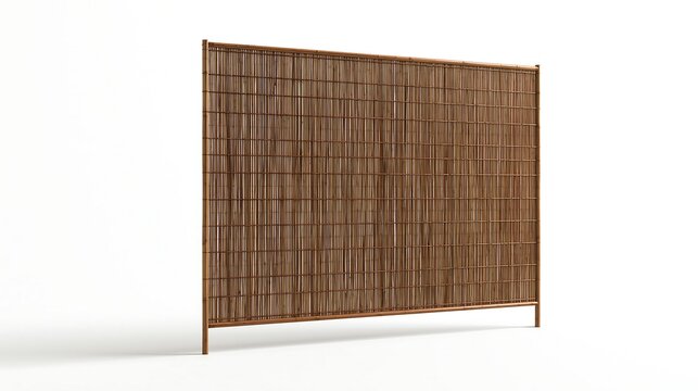 A tall rectangular room divider made of thin vertical wooden slats, standing on a light grey floor against a neutral studio background, wall setting