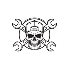 Fototapeta premium Pirate Skull and Crossbones in Circle Vector Illustration, Gothic Halloween Symbol of Death, Danger and Horror, Skeleton Tattoo Design with Grunge Style Isolated Graphic Art