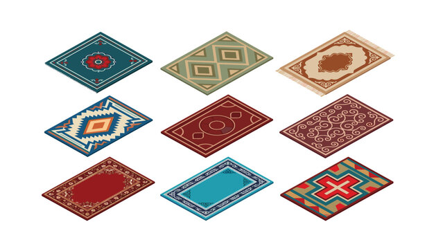 Isometric decorative floor rugs and carpets vector design collection . featuring traditional patterns, geometric shapes, colorful textiles, fringed borders