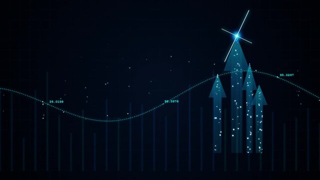 Financial growth concept: rising blue arrows with digital data analytics and stock market trends on dark background