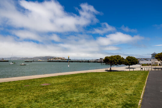 Waterfront scene near Fishermans Wharf overlooking San Francisco Bay and Alcatraz Island
