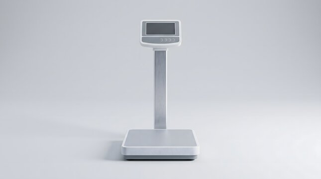 Modern medical digital weighing scale with screen on white background.