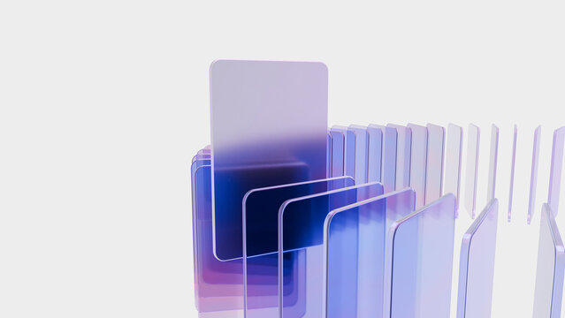 Abstract translucent panel glass purple blue, layered transparent card with soft gradient on clean minimal background