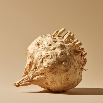 Raw celeriac root vegetable with a textured, knobby surface, isolated on a light beige background, with a sharp, shadow, studio food