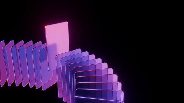 Abstract neon panel glass purple pink light black background with glowing translucent geometric pattern