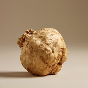 Raw celeriac root vegetable with a textured, knobby surface, isolated on a light beige background, with a soft, shadow, studio food