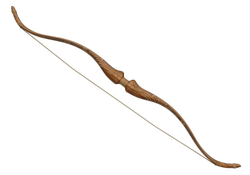 A detailed wooden recurve bow rests on transparent background archery