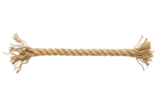 Un trozo de cuerda de yute natural con extremos deshilachados sobre un fondo blanco aislado, ideal para proyectos de manualidades, decoraci&oacute;n r&uacute;stica o uso industrial.