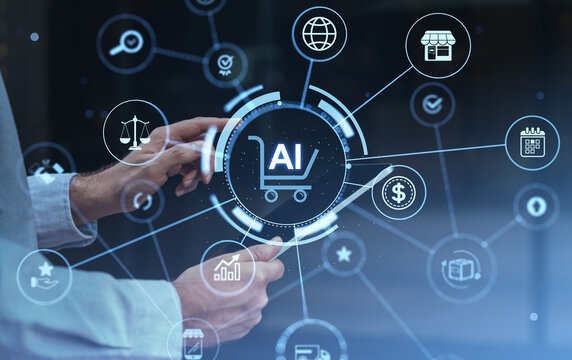 Artificial intelligence shopping technology concept with human hands, digital interface, connected business icons, analytics and global commerce network.