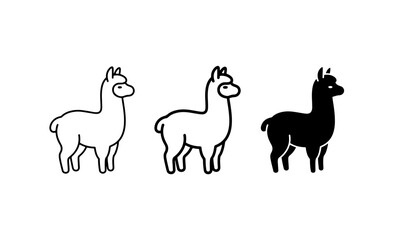 Naklejka premium Llama Icon Set, Simple Line Art & Silhouette Vector Graphics, Cute Animal Illustrations for Design