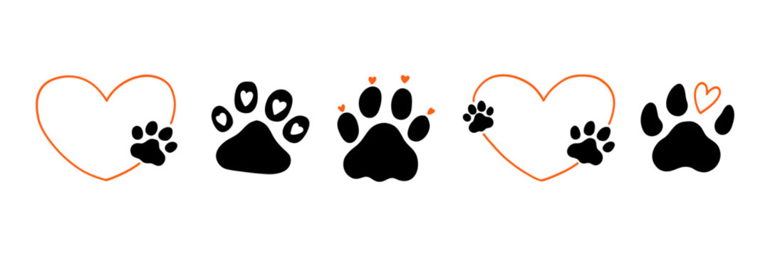Dog Paw Pet Foot Print Png Set. Hand Drawn Paw Lion Footprint Icon Kit. Doodle Cat Animal Pawprint Track Bundle Silhouette. Hand Drawn Vector Illustration