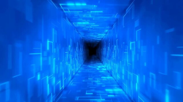 Glowing blue digital tunnel with circuit-like patterns flows forward into a dark space. Animated texture shows lines and rectangles with flowing movement.