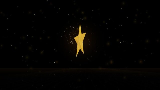 Golden 3 d star rotating in space with glowing particles background, animation