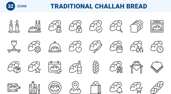 Challah Bread Sabbath Table Web Icon Set in Linear Style. Collection of traditional bakery, sabbath feast, kosher food, ritual bread, dinner table, meal prep line icons, including bakery, sabbath