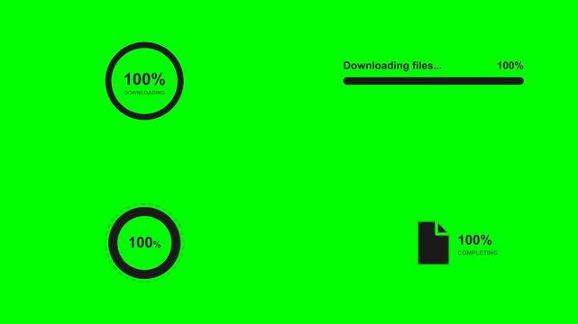 Green screen loading progress bar and buffering animation pack with percentage counter