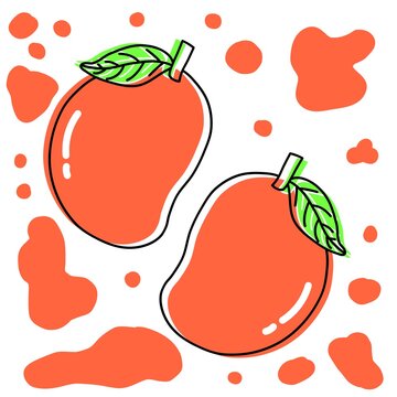 Tropical pattern illustration featuring stylized orange mangoes with green leaves and abstract color splashes.