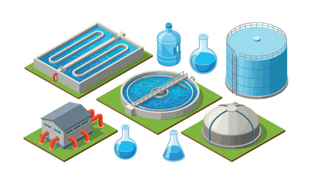 Isometric water treatment plant icons showing clarification tanks, filtration system, laboratory flasks, industrial water storage tower, and processing facility.
