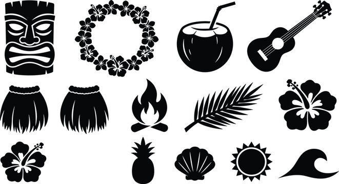 Tropical Hawaiian luau party silhouette vector icons collection featuring tiki mask ukulele bonfire hula skirt and hibiscus flower set