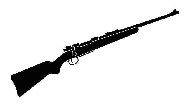 Black Silhouette of a Vintage Bolt Action Rifle on White Background