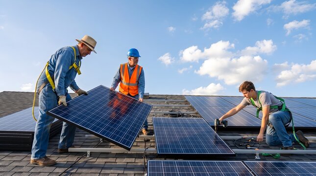 Three men installing solar panels on roof of residential house outdoors.