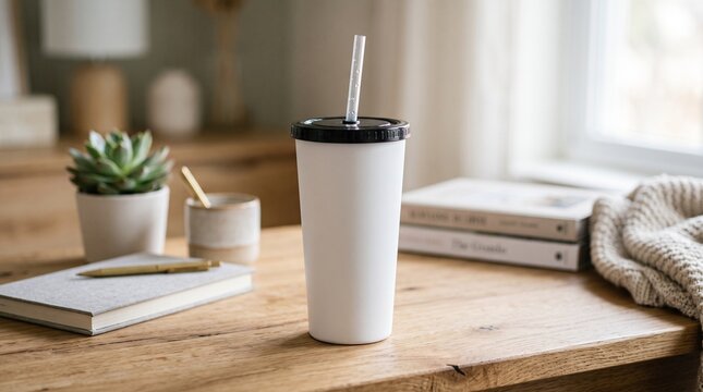 White reusable tumbler with black lid and straw on a wooden desk, mock up cup with books and succulent plant in a cozy home office setting
