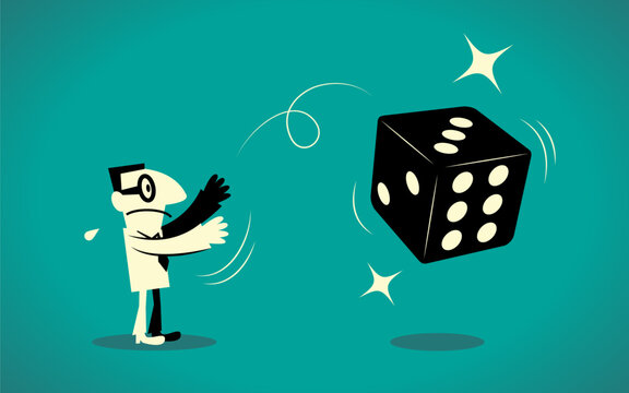 Flat retro vector illustration of a worried businessman throwing a giant black die in a game of chance. For risk management, business gambling, chance, uncertainty, and strategic decision concepts. 