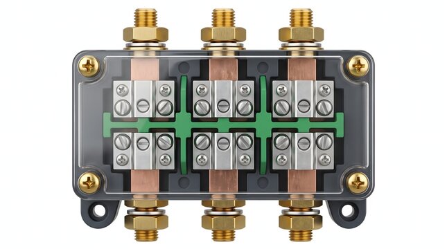 Transparent junction box with three connection blocks.