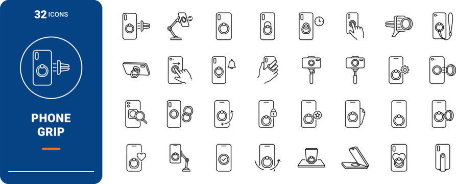 Phone Ring Holder Web Icon Set in Linear Style. Collection of phone grip line icons, including comfort grip, kickstand, finger loop, magnetic mount, adhesive base, angle adjustment.