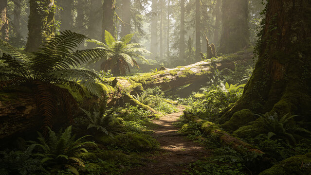 Uncivilized primeval forest floor with ferns and mossy logs