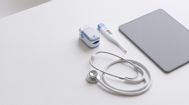 pulse oximeter thermometer stethoscope and tablet medical devices flat lay