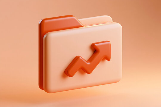 3D render of orange folder icon with upward growth arrow for data analysis, performance report, and business success
