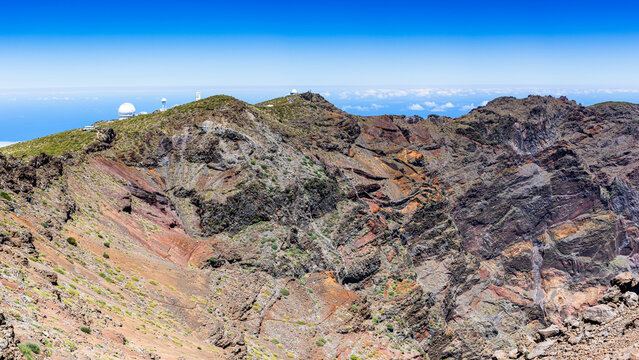 Panoramic overlook of mountain observatories and sea of clouds, Roque de los Muchachos, La Palma.