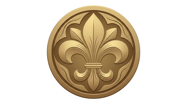 Emblema circular de color dorado con un dise&ntilde;o cl&aacute;sico de flor de lis en relieve, ideal para proyectos de dise&ntilde;o her&aacute;ldico, logotipos de lujo o elementos decorativos elegantes.