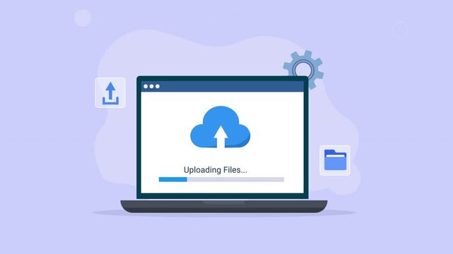 Animated laptop with Uploading Files interface, cloud upload icon, file symbols, and gear elements, representing cloud storage, file transfer, software, and digital technology.
