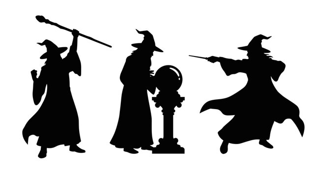 Three medieval mage characters with magic staves Vector