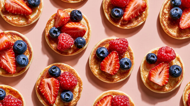 mini pancakes with strawberries, breakfast 

