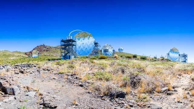 High-energy Cherenkov telescope dishes at Roque de los Muchachos Observatory, La Palma.