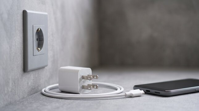 USB charger cable and phone lying near wall power outlet