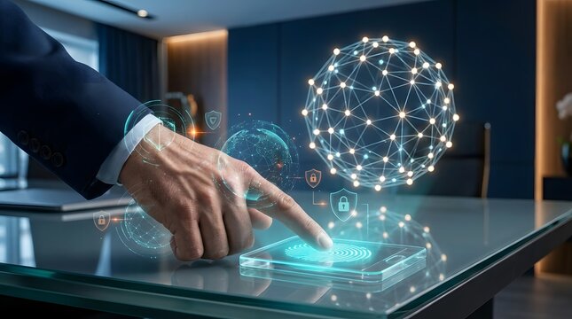Businessman interacting with digital global network and holographic sphere interface in office