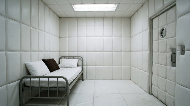 Empty padded psychiatric isolation room with bed and steel door