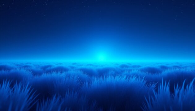 Futuristic alien landscape with glowing blue grass and starry sky