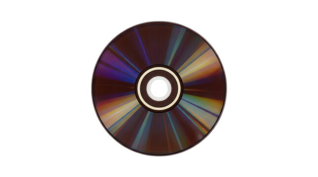Disco compacto CD o DVD con reflejos de luz multicolor e iridiscentes, aislado sobre un fondo blanco ideal para tecnolog&iacute;a y m&uacute;sica.