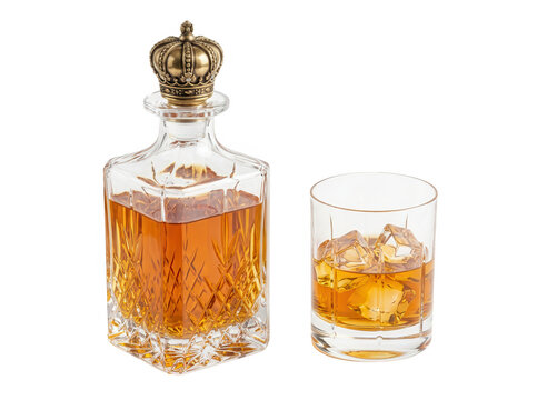 Elegante botella decantadora de cristal con tap&oacute;n en forma de corona dorada y vaso de whisky con hielo, aislados sobre fondo blanco.