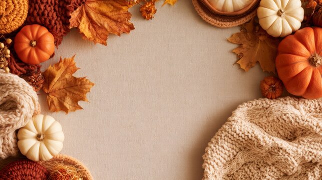 Autumn leaves and pumpkin forming a decorative frame, seasonal design, cozy mood, Thanksgiving, fall harvest.