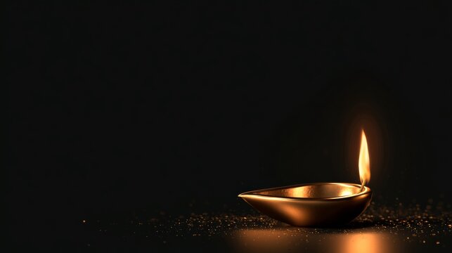 Diwali, Small oil lamp with a steady flame rests on a purple and red background, conveying calm, hope and spiritual meditation.