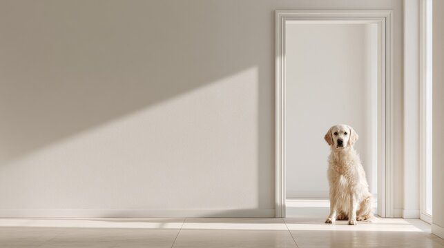 Small white cat sitting in a bright minimalist room, calm pet lifestyle, peaceful mood, home interior, domestic animal.