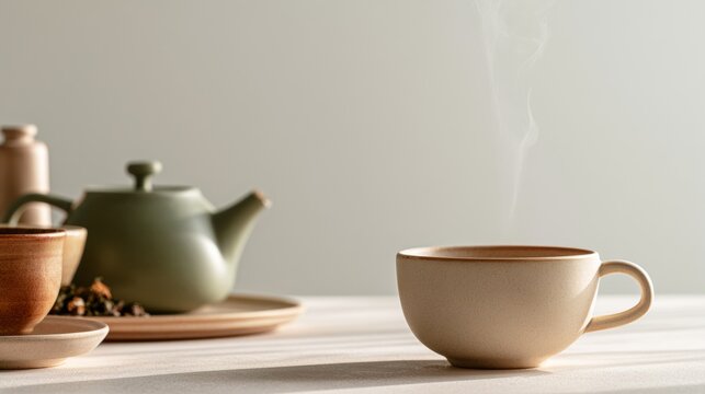 Teapot and teacup on a table with soft greenery, cozy beverage scene, calm lifestyle, tea ritual, home comfort.