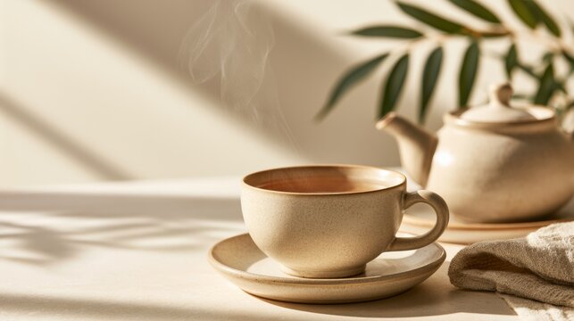 Teacup and saucer on a bright table with leafy shadows, cozy beverage scene, calm lifestyle, tea ritual, home comfort.
