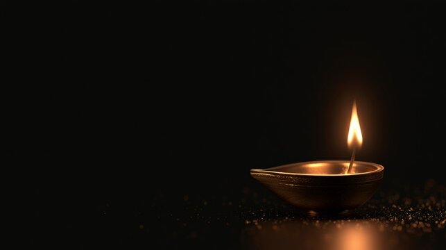 Glowing oil lamp with a bright flame on a purple and orange background, symbolizing hope, peace and spiritual reflection. Diwali	
